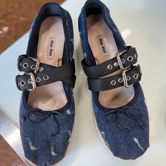 Miu Miu Rare Denim Double Buckle Espadrille Platform Mary Jane Flats EU 40.5 - Picture 2 of 10